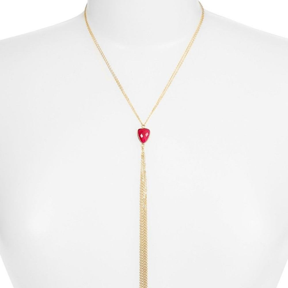SONYA RENEE MINDEE GOLD Y TASSLE NECKLACE PINK CHALCEDONY NEW